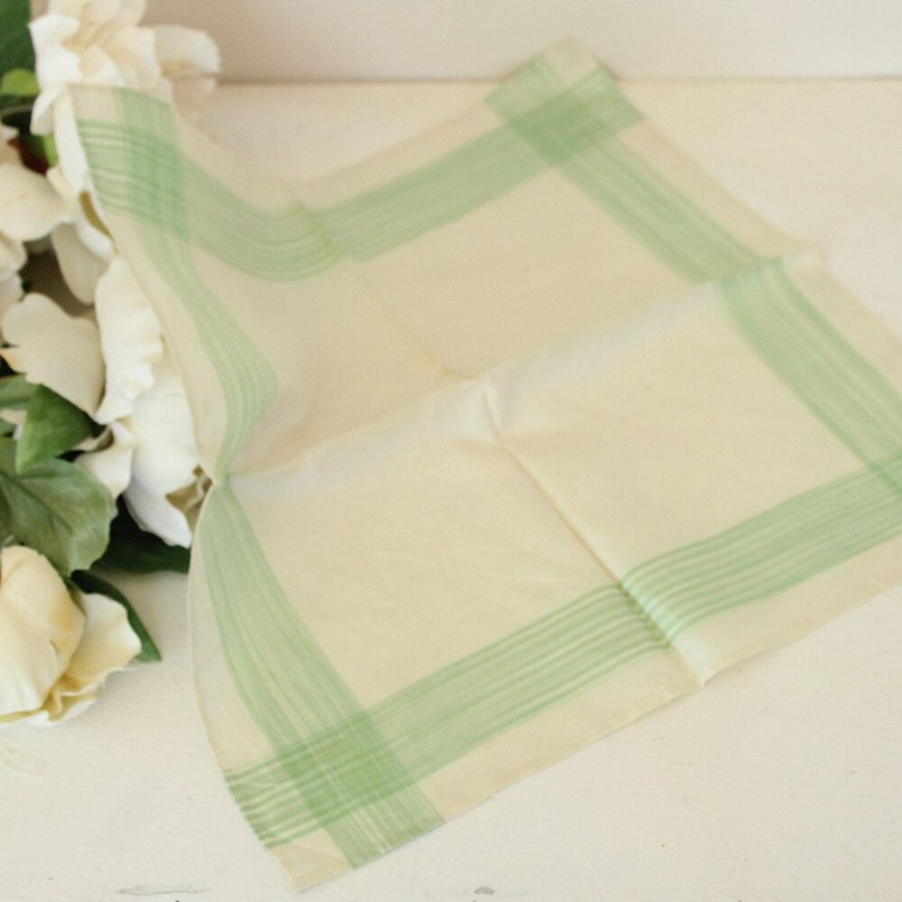Vintage 1950s Handkerchief, Cream with Green Striped Border
